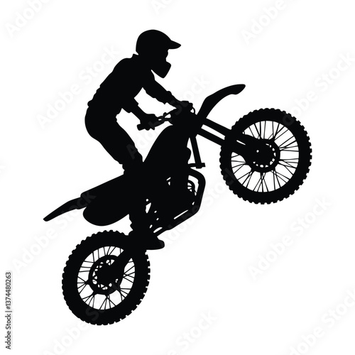silhouette of an off-road dirt bike rider mid-jump set against a white background