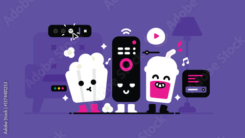Set of Movie night at home, collection of cute Popcorn, TV remote and Plastic takeaway juice cup, Smiley sweet Movie essentials, flat Vector illustration.