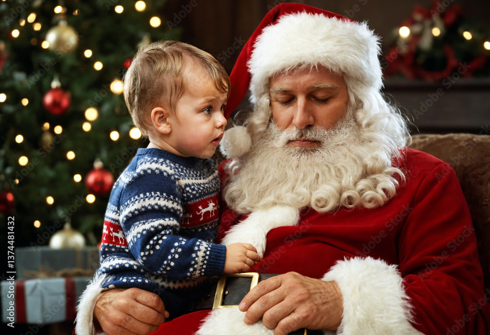 santa claus falling asleep with child waiting by christmas tree lights santa claus falling asleep with child waiting by christmas tree lights