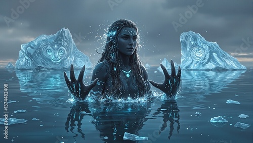 Experience the mystical Inuit sea goddess emerging from icy waters adorned with narwhal tusk fingers bioluminescent hair and spirit filled icebergs