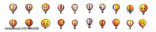 Hot air balloon with basket isolated on background. Travel, adventure, flight in sky concept. Vector flat design