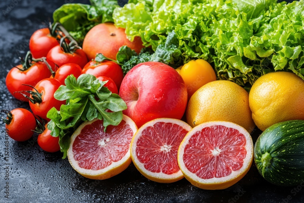 Vibrant Fresh Produce: A colorful, high-angle shot of an assortment of fresh fruits and vegetables, bursting with health and natural goodness. Vibrant Fresh Produce: A colorful, high-angle shot of an assortment of fresh fruits and vegetables, bursting with health and natural goodness.