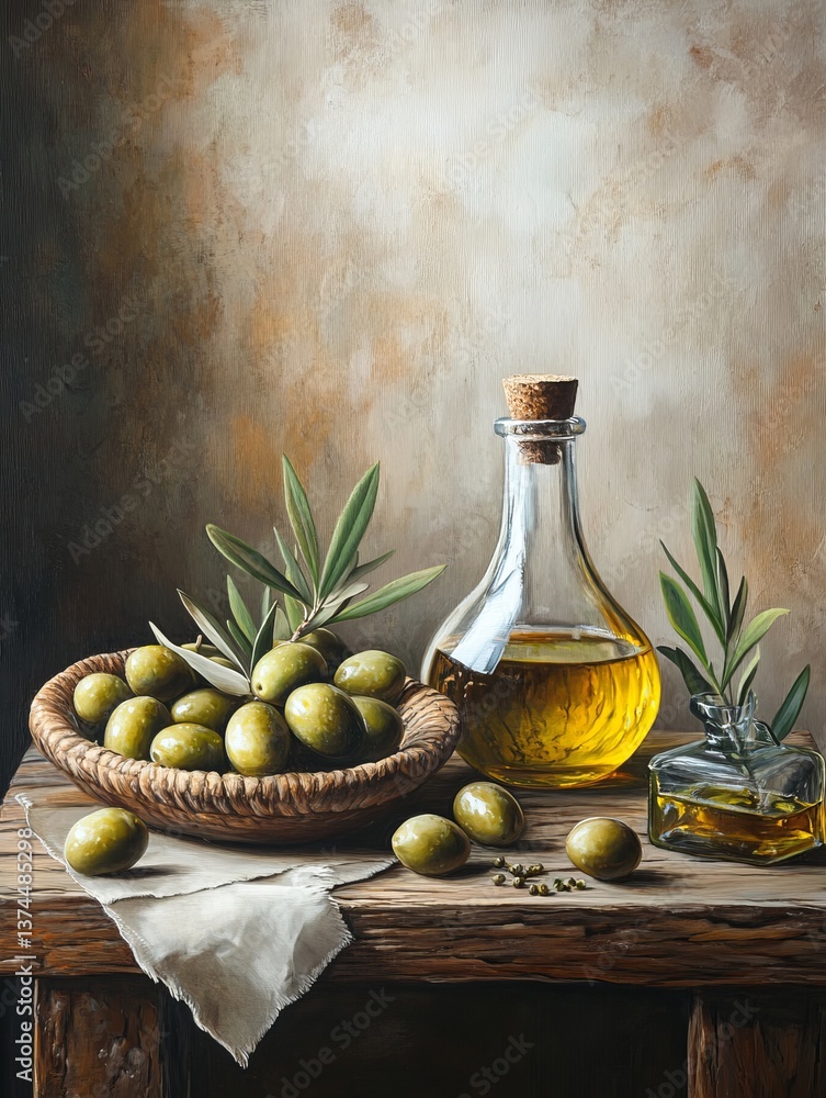 Fototapeta premium A beautiful still life of olives and olive oil arranged in a charming rustic setting with exquisite detail