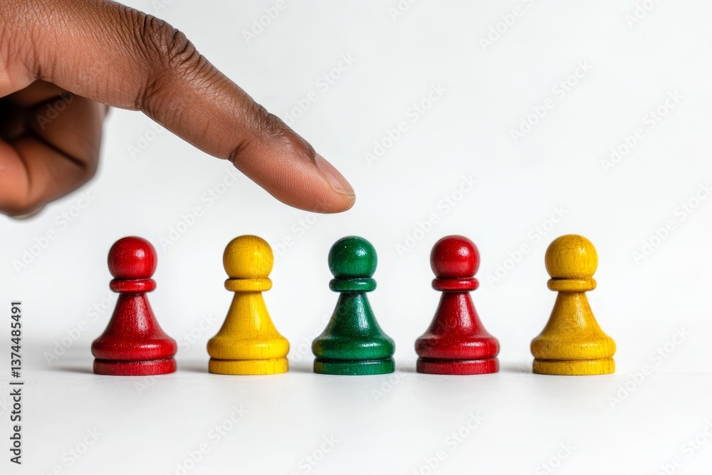 A hand arranging colorful wooden pawns on a white background, symbolizing unity and diversity A hand arranging colorful wooden pawns on a white background, symbolizing unity and diversity