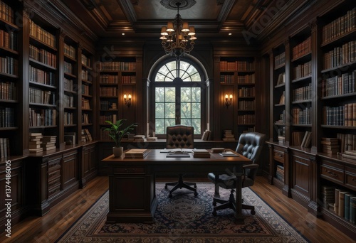  Literary Ambiance Deep wood, classic books. Dark Academia style of Woman s study exudes knowledge and intellectual pursuit in her