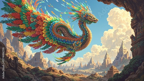 Wallpaper Mural Mesmerizing depiction of Quetzalcoatl the Aztec feathered serpent god soaring amidst rainbow feathers and ancient temples Torontodigital.ca