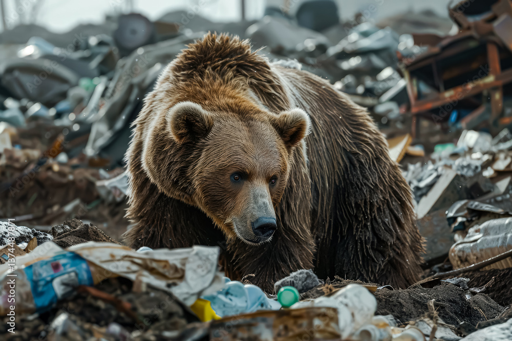 Fototapeta premium Bear is walking through a pile of trash