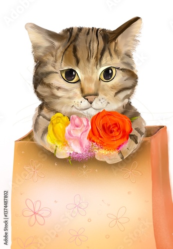 Adorable tabby cat with big eyes sitting inside a floral gift bag, holding a bouquet of colorful roses. Digital illustration on white background, perfect for greeting cards or festive design