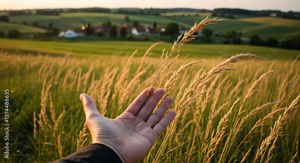 Reaching Grasses in Field at Sunset with Village in Background Reaching Grasses in Field at Sunset with Village in Background