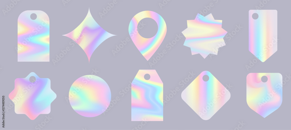 Set of holographic emblem templates. Rainbow gradient backgrounds. Vector hologram shapes. Set of holographic emblem templates. Rainbow gradient backgrounds. Vector hologram shapes.