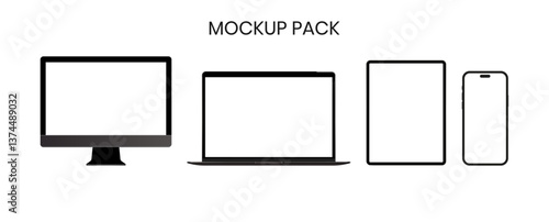 Apple iMac, Macbook Pro, iPad, and iPhone realistic desktop laptop tablet pc and smartphone mockup collection. Set of modern devices with blank screen vector illustration
