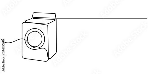 Continuous Line Art of Washing Machine Line Drawing on White Background. Laundry One Line Abstract Concept for Minimalist Design. Washing Machine Contour Abstract Drawing. Vector Illustrator. 