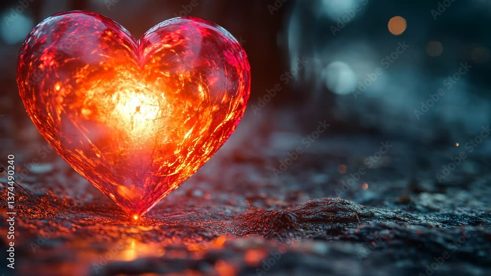 Glowing red glass heart on ground symbolizing love on a misty night, 3d render Glowing red glass heart on ground symbolizing love on a misty night, 3d render