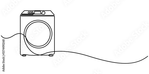 Continuous Line Art of Washing Machine Line Drawing on White Background. Laundry One Line Abstract Concept for Minimalist Design. Washing Machine Contour Abstract Drawing. Vector Illustrator. 
