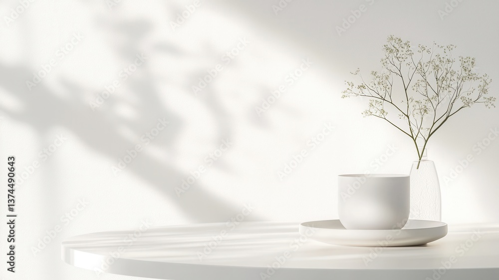 White ceramic cup and saucer under near delicate dried blooms, casting subtle shadows resting gentle natural illumination White ceramic cup and saucer under near delicate dried blooms, casting subtle shadows resting gentle natural illumination
