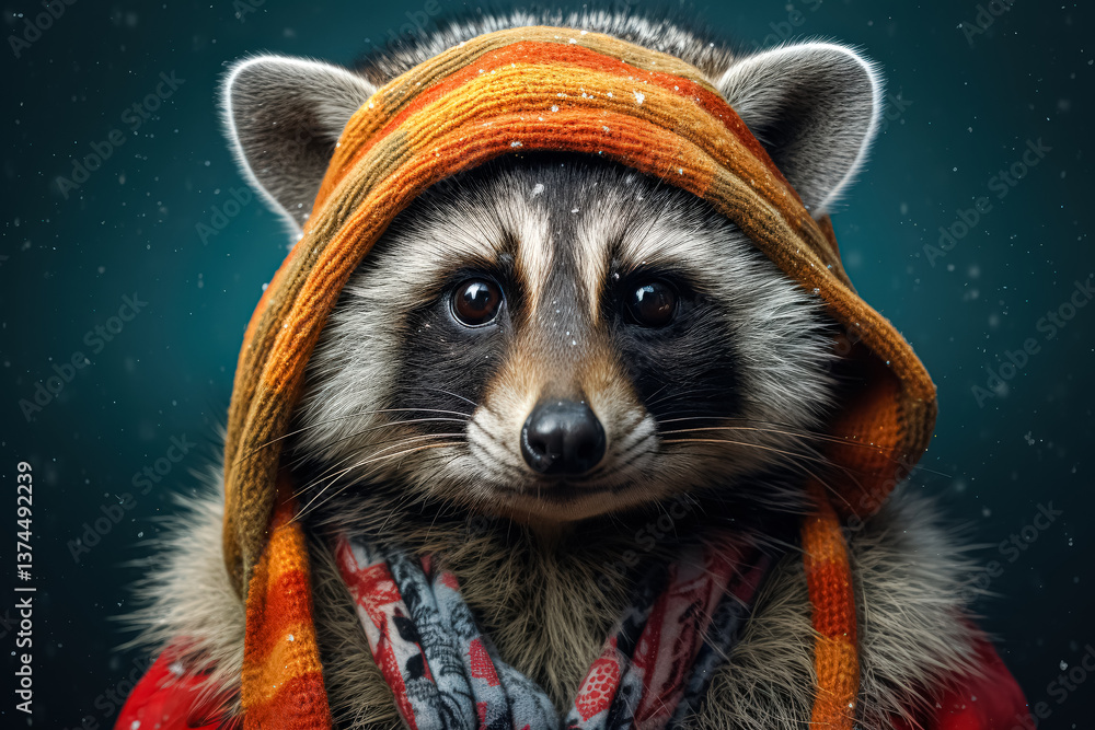 Fototapeta premium Raccoon wearing a red and orange scarf