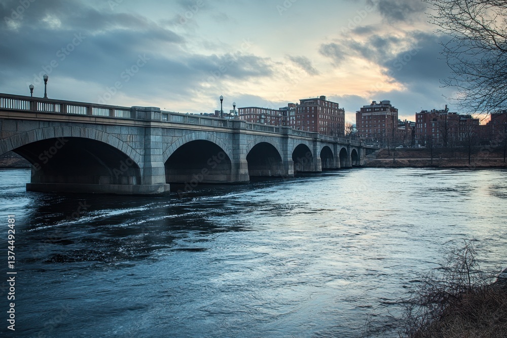 Fototapeta premium This photo shows a river flowing under a bridge with a city in the background Bostons historical cityscape viewed from over the Charles River .