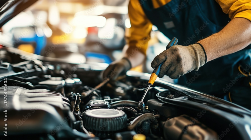 Auto Mechanic Repairing a Car Engine in a Workshop Auto Mechanic Repairing a Car Engine in a Workshop