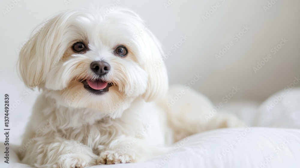 Adorable White Maltese Dog Portrait with Charming Expression on Soft Bedding Adorable White Maltese Dog Portrait with Charming Expression on Soft Bedding