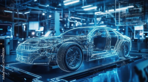 Futuristic car design with wireframe and technical interface in a modern automotive facility