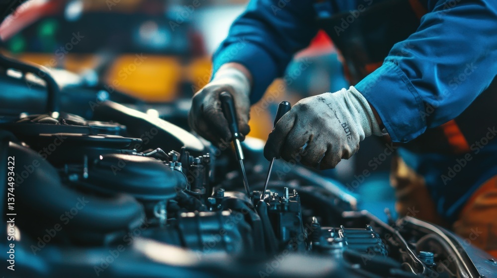 Auto Mechanic Repairing a Car Engine in a Workshop Auto Mechanic Repairing a Car Engine in a Workshop