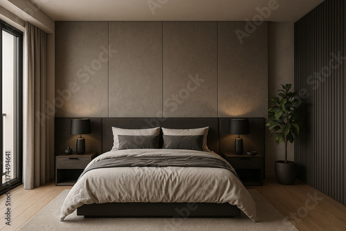 Modern bedroom in neutral tones with a large bed, upholstered headboard and stylish wooden bedside tables