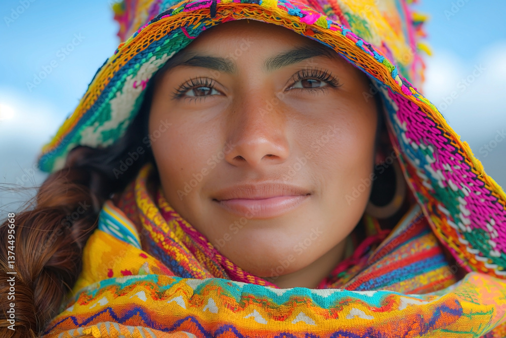 A portrait of a young Latina woman in a colorful hat and scarf, radiating confidence and joy against a vibrant natural backdrop. A portrait of a young Latina woman in a colorful hat and scarf, radiating confidence and joy against a vibrant natural backdrop.