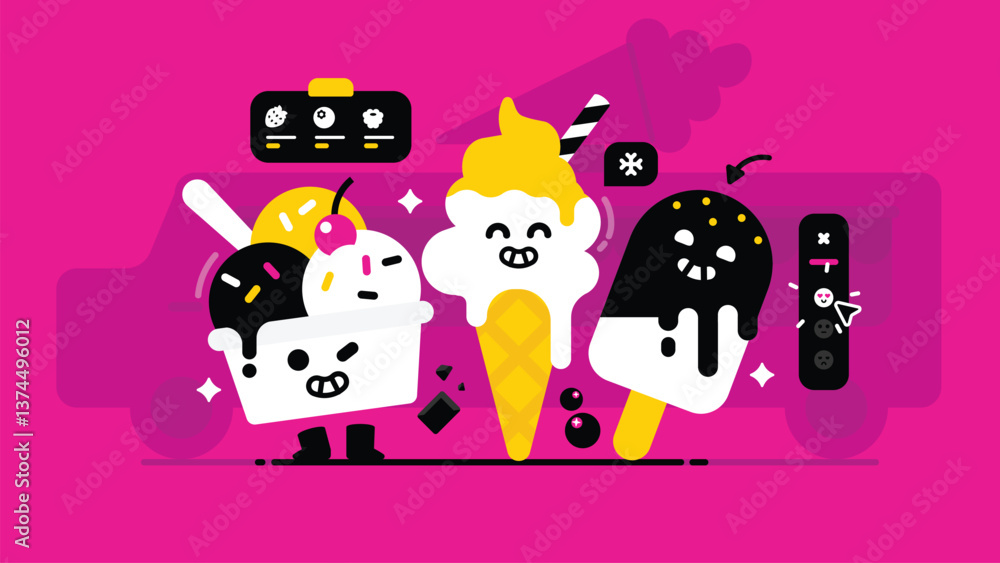 Naklejka premium Set of tasty ice creams, collection of cute Cup ice cream, Chocolate bar ice cream and Soft serve cone, Smiley sweet Food, flat Vector illustration.