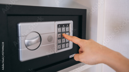 Close-up of a person hand entering a password to unlock and open the safe box door.