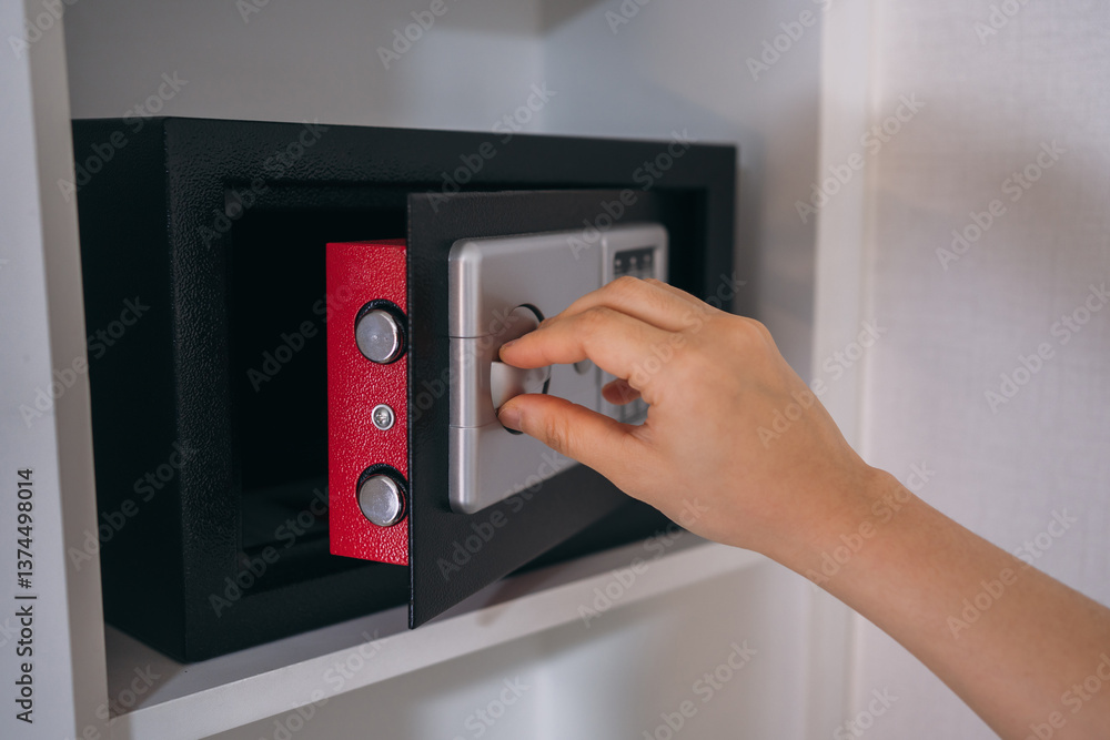 Close-up of a person hand entering a password to unlock and open the safe box door. Close-up of a person hand entering a password to unlock and open the safe box door.