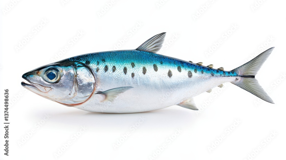 Fresh mackerel fish displayed on a clean white background emphasizing its sleek body and natural colors Fresh mackerel fish displayed on a clean white background emphasizing its sleek body and natural colors