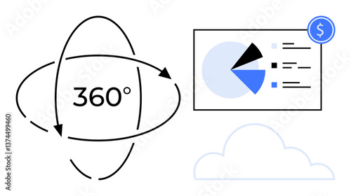 360 rotation symbol, pie chart with financial data points, and cloud graphic. Ideal for data management, analytics, financial planning, cloud solutions, strategy business growth innovation. Flat