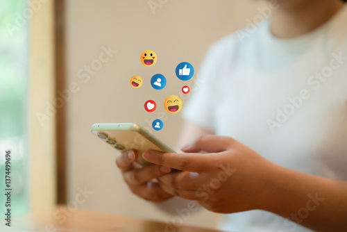 The concept of living on vacation and playing social media. Social media and digital online concept, man using smart phone with Social media. Social Distancing ,Working From Home concept..