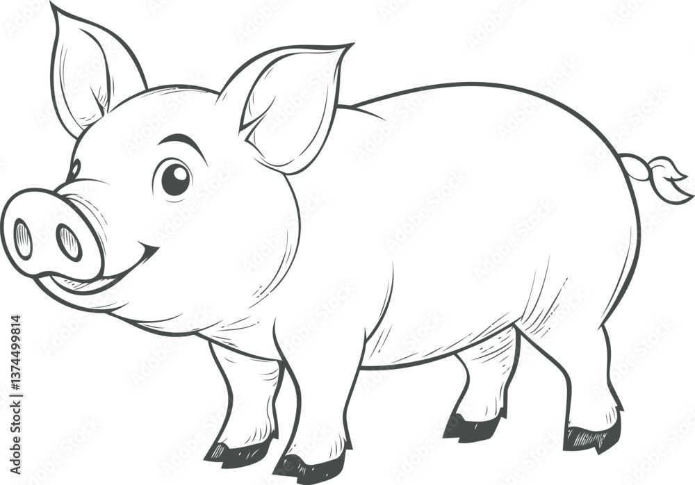 Smiling cartoon pig illustration in black and white line art, children's book. Vector illustration Smiling cartoon pig illustration in black and white line art, children's book. Vector illustration