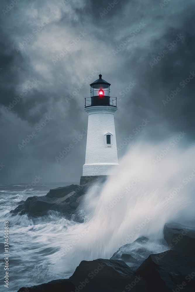 Lighthouse stands firm against a stormy sea at dusk Lighthouse stands firm against a stormy sea at dusk