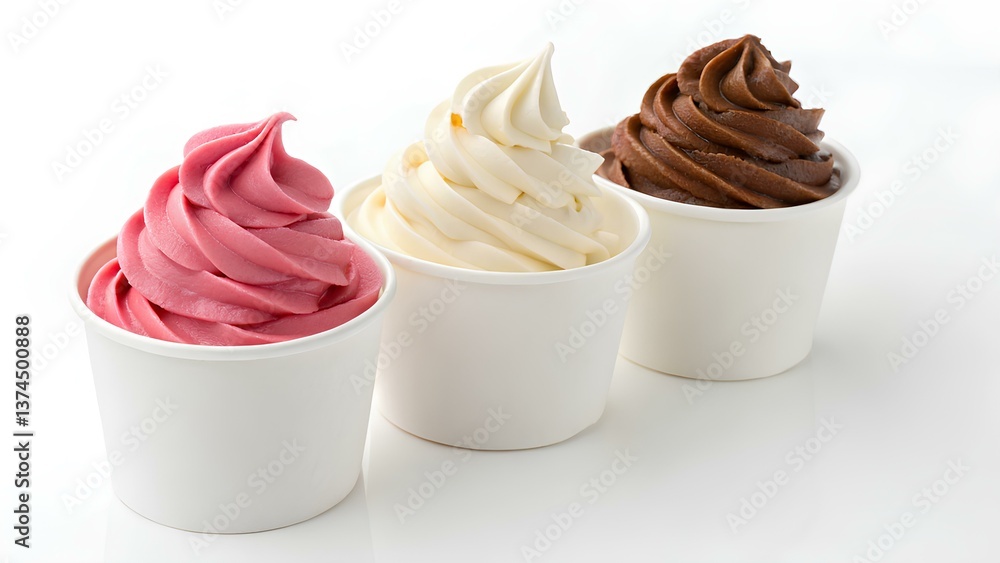 Assorted Frozen Yogurt in Paper Cups – Strawberry, Vanilla, and Chocolate on White Background Assorted Frozen Yogurt in Paper Cups – Strawberry, Vanilla, and Chocolate on White Background