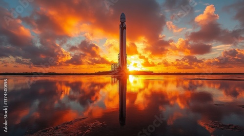 Rocket stands ready for launch, silhouetted against a vibrant sunset. The colorful sky reflects in the still waters, creating a breathtaking atmosphere at the launch site.