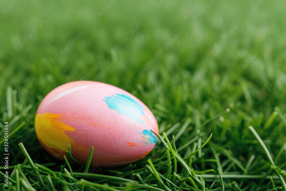 close-up of colorful painted easter egg resting gently on fresh bed of green grass close-up of colorful painted easter egg resting gently on fresh bed of green grass
