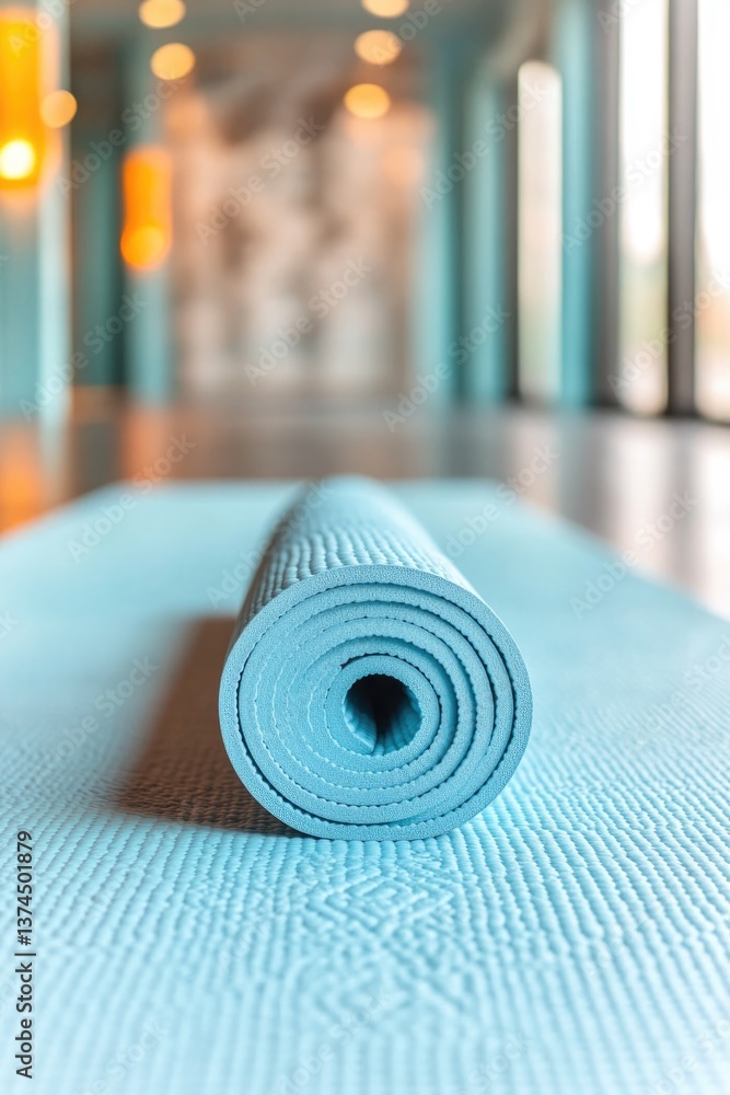close-up of serene yoga mat in gentle lighting inviting tranquility and mindfulness with ample floor space for copy close-up of serene yoga mat in gentle lighting inviting tranquility and mindfulness with ample floor space for copy