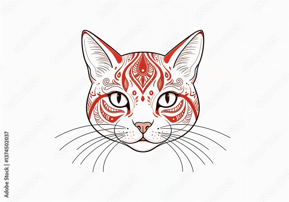 Obraz premium Unique cat illustration featuring intricate designs and patterns in red and white, showcasing artistic creativity and style Generative AI