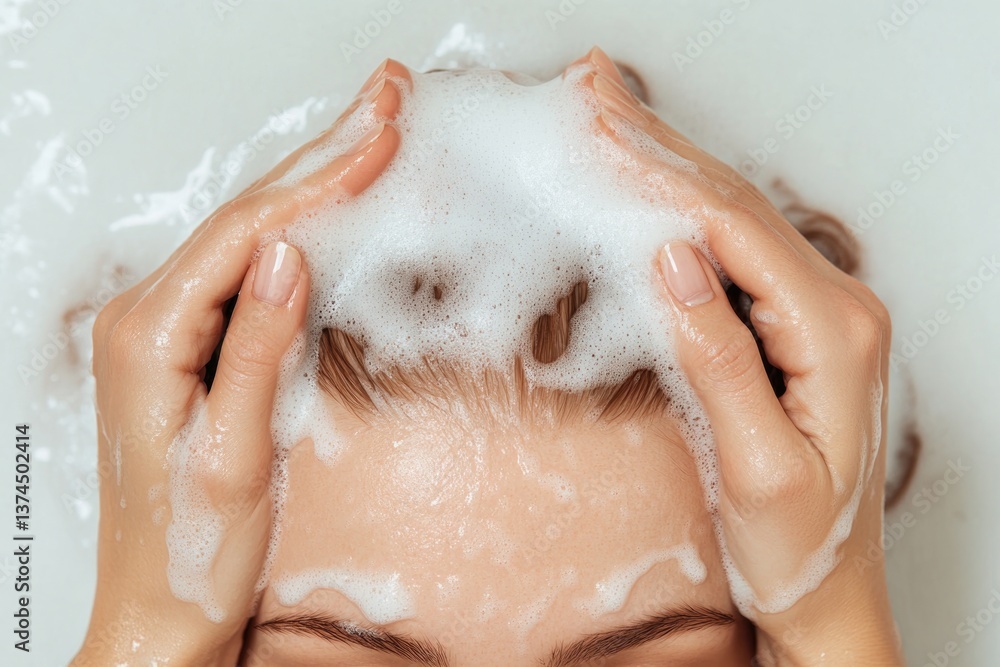 Fototapeta premium close-up photo of hands gently massaging scalp with luxurious lather from hair care products capture natural shine