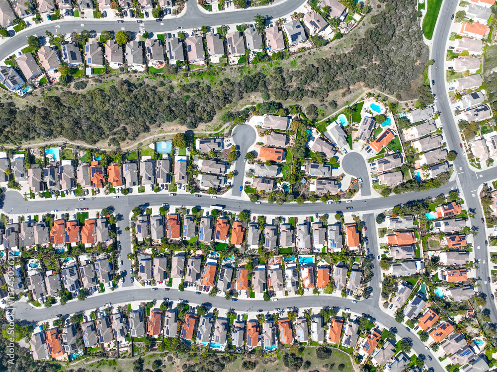 Aerial view houses and large middle class communities in Scripps and Poway in San Diego, South California, USA