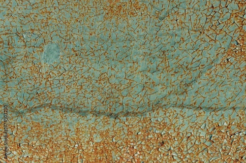Textured surface with peeling paint exhibiting shades of turquoise and rust in an abstract display of colors and patterns