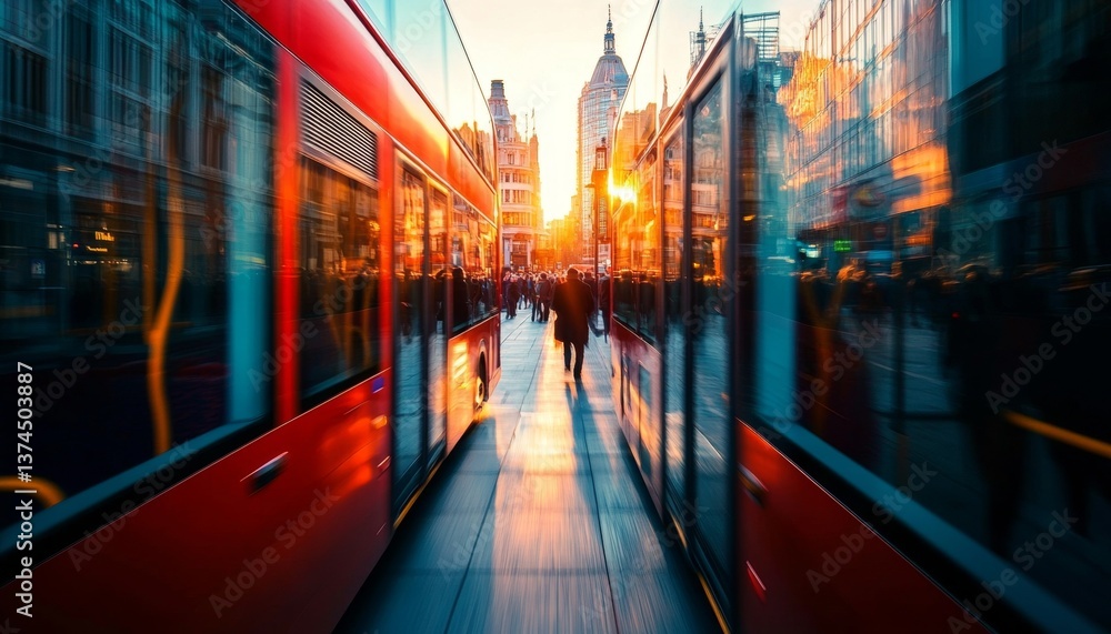 Red Double Decker Bus in Motion on City Street, Blurred Background, Vibrant U.K. Scene Red Double Decker Bus in Motion on City Street, Blurred Background, Vibrant U.K. Scene