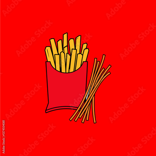 Vector Illustration of Golden and Crispy French Fries in a Red Paper Package
