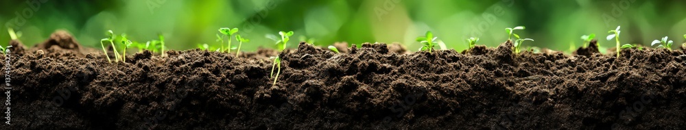 Fototapeta premium New seedlings emerge from rich soil in springtime