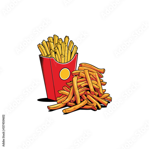 Vector Illustration of Golden and Crispy French Fries in a Red Paper Package