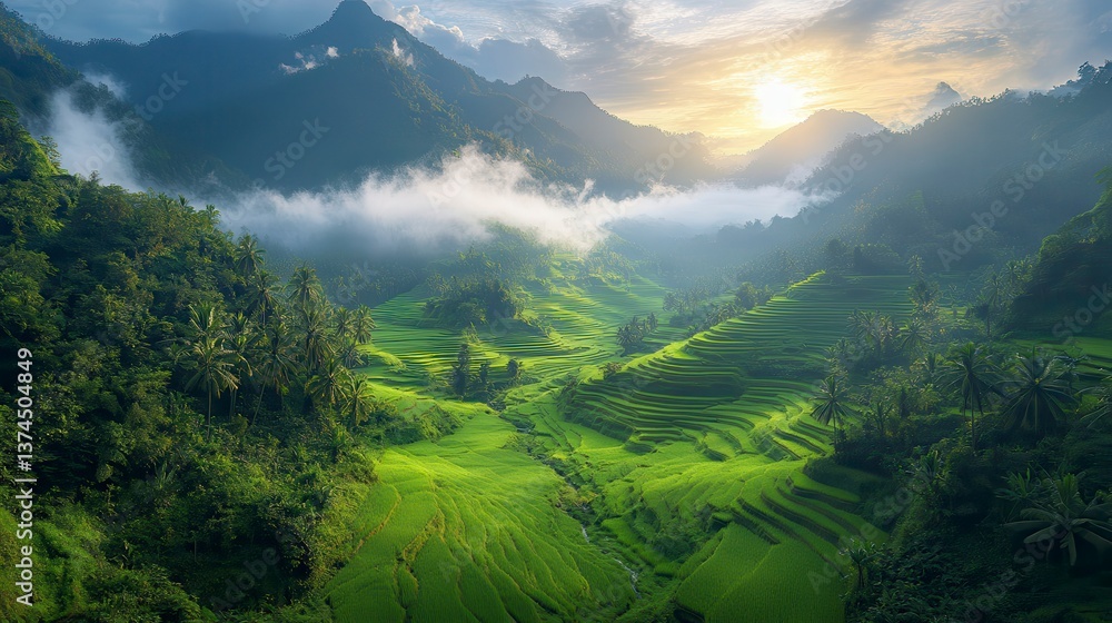 Lush terraced rice fields nestled in a misty mountain valley bathed in golden sunlight Lush terraced rice fields nestled in a misty mountain valley bathed in golden sunlight
