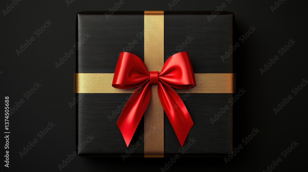Elegant Black Gift Box with Red Bow on Dark Background Elegant Black Gift Box with Red Bow on Dark Background