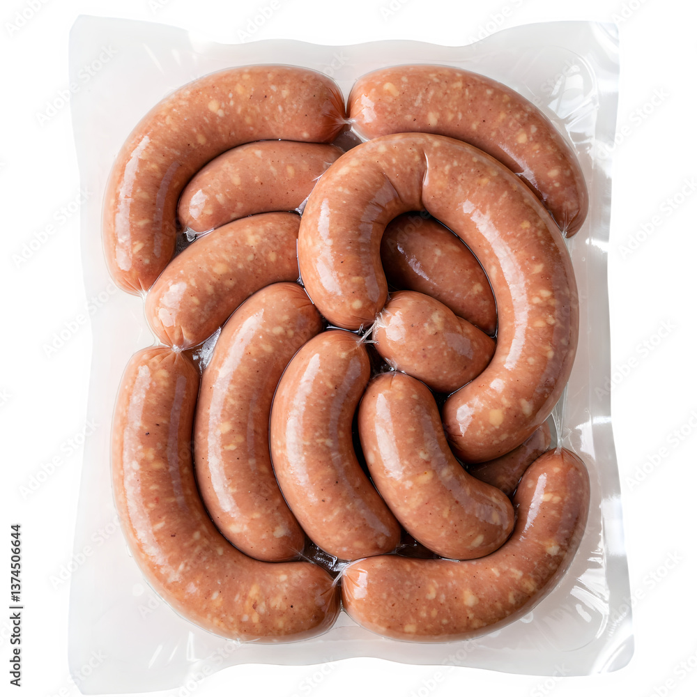 A package filled with several fresh whole sausages rests on a white background. A package filled with several fresh whole sausages rests on a white background.
